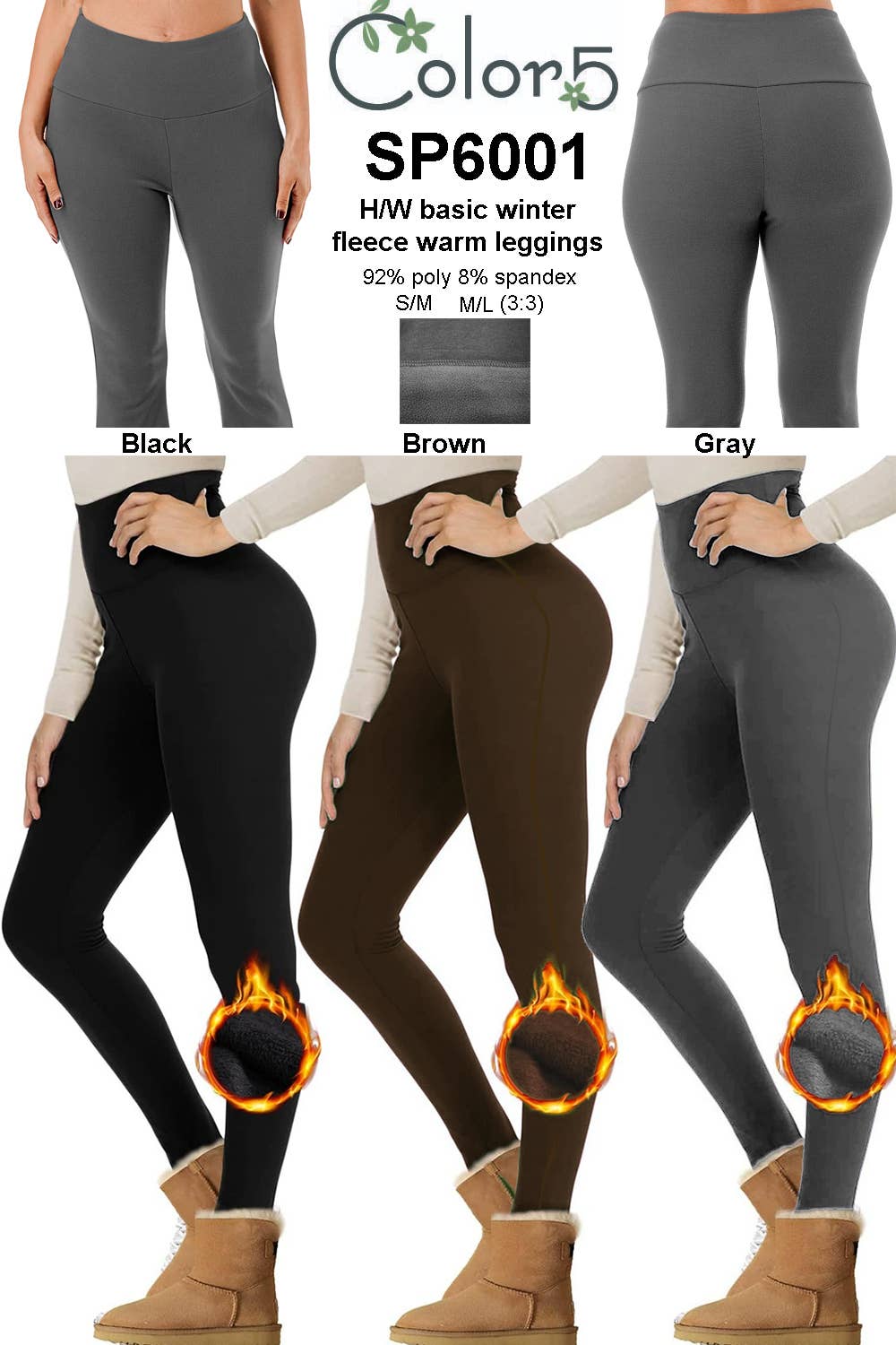 Solid color winter warm fleece lined HW thermal legging pant: Black