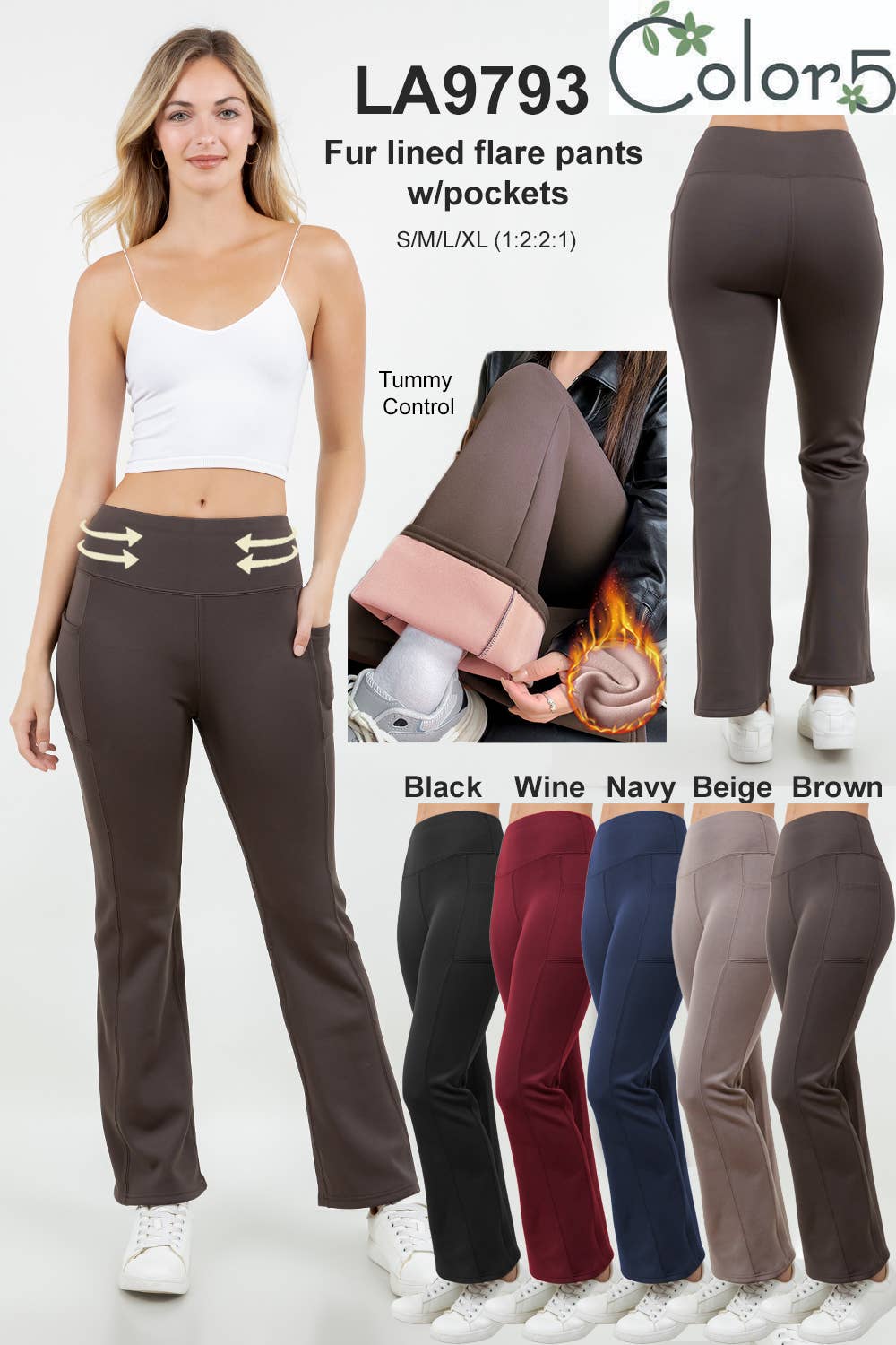 Fur lined winter flared leg waist control yoga pants: Beige
