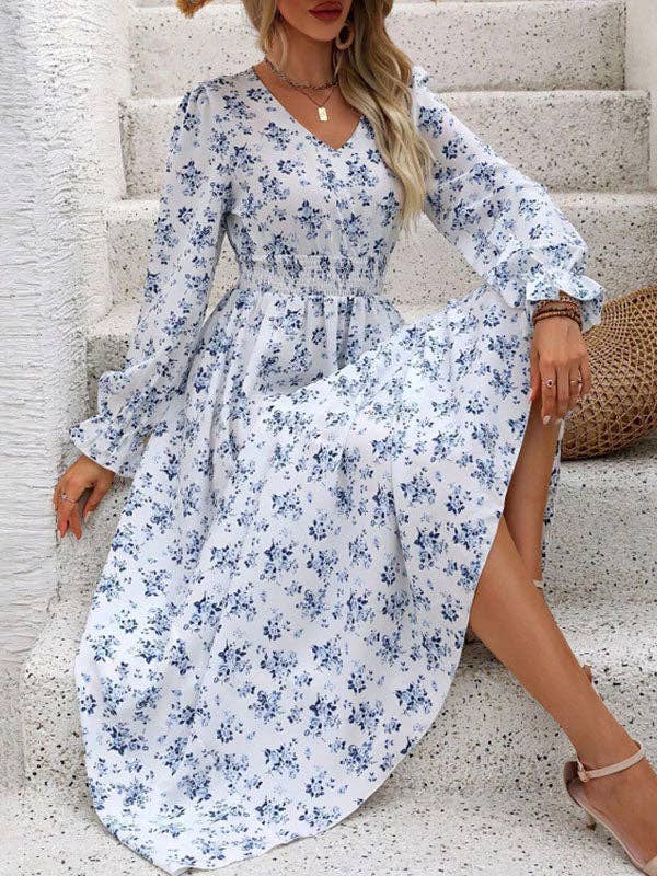 Long Sleeves Loose Elasticity Floral Printed V-Neck Maxi Dresses: LIGHT BLUE / S-XL