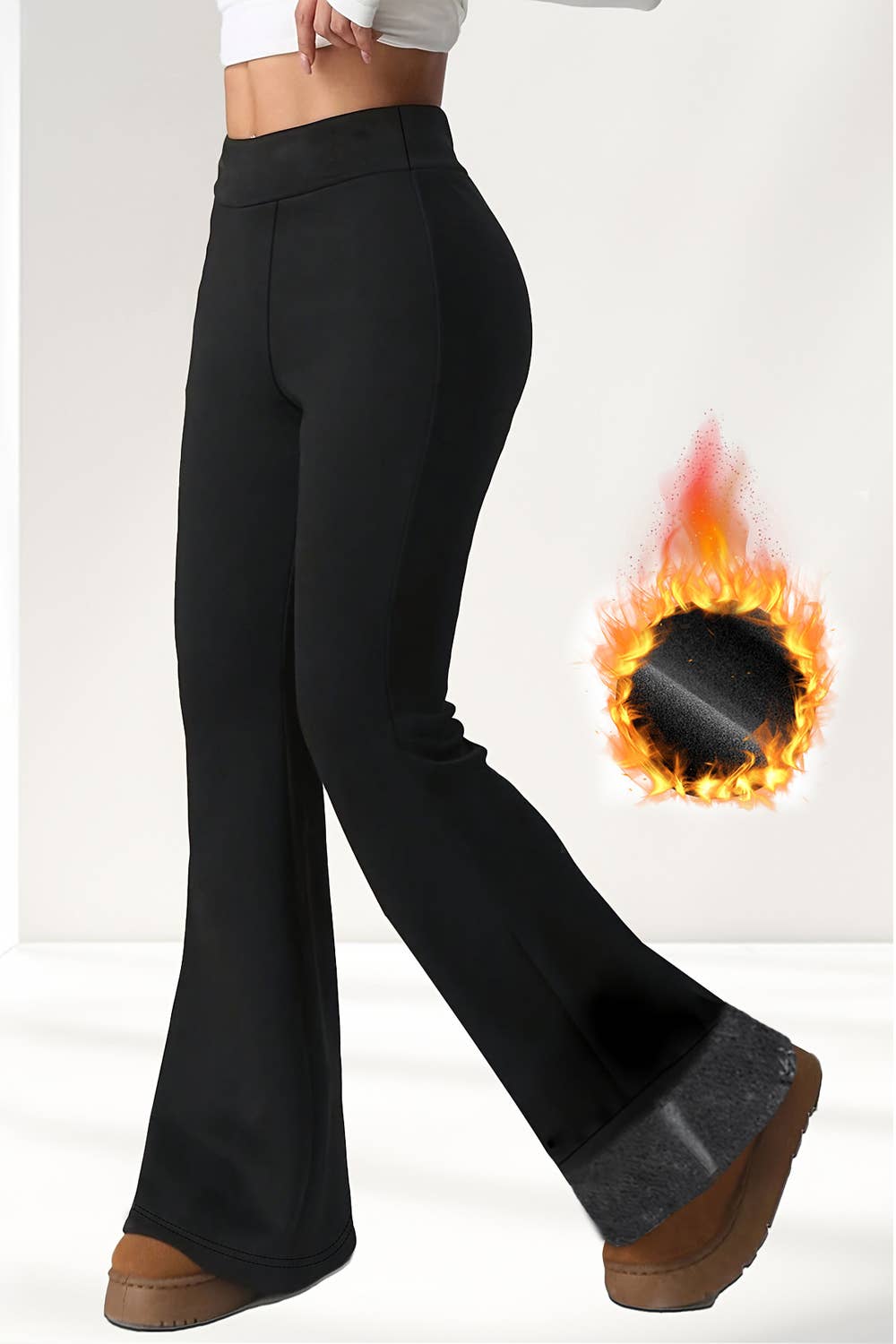 Fur lined winter warm legging with flare bottom pants : Black