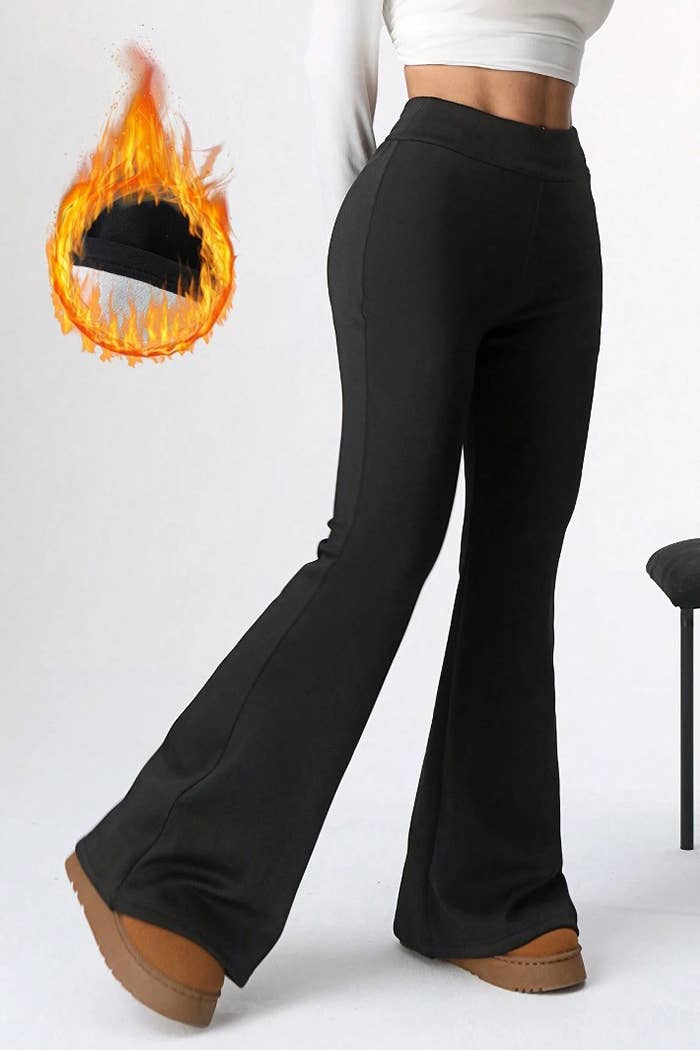 Fur lined winter warm legging with flare bottom pants : Black