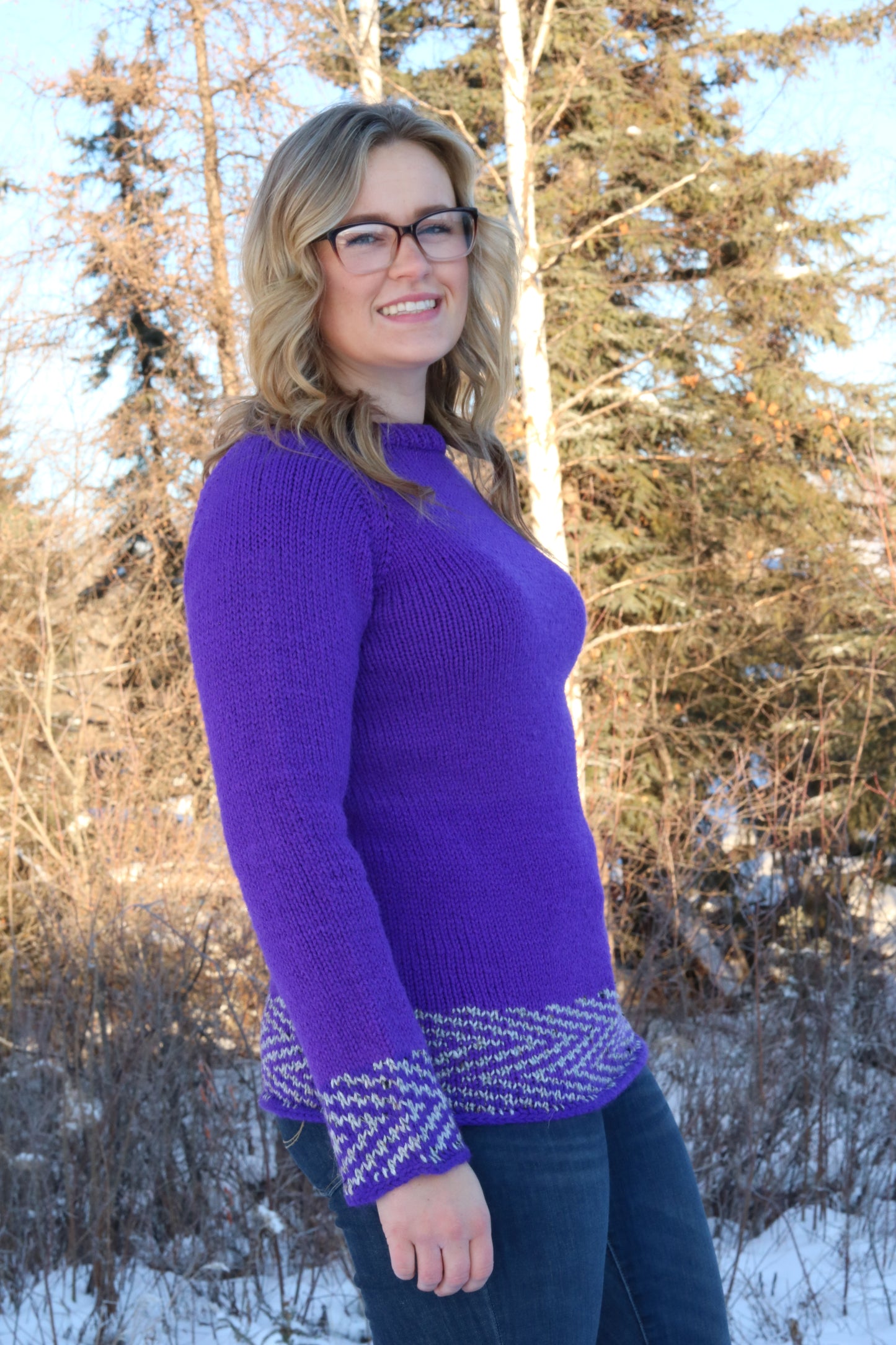 Purple and Gray Chevron Knit Sweater