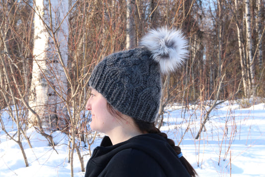 Gray Knit Cable Icelandic Wool Hat