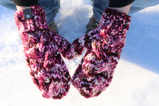 Pink & Purple Cable Knit Mittens (Merino Wool)