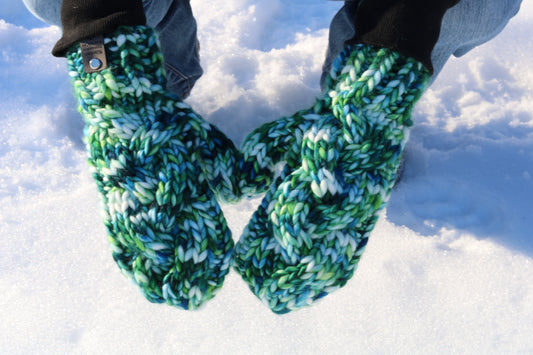 Green & Blue Cable Knit Mittens (Merino Wool)