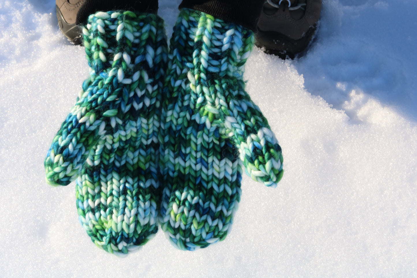 Green & Blue Cable Knit Mittens (Merino Wool)