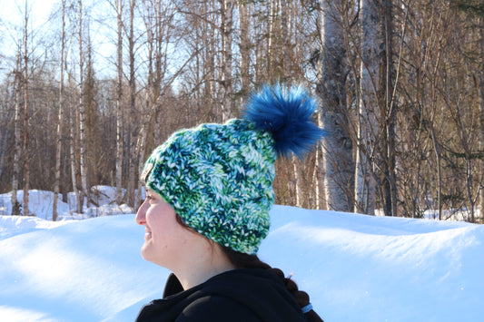 Blue & Green Alaskan Cables Hat (Merino Wool)