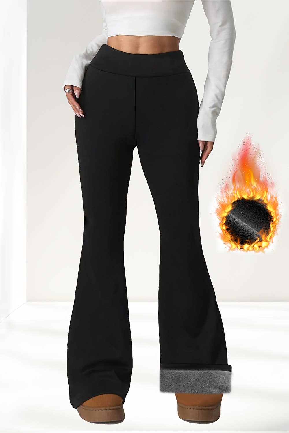 Fur lined winter warm legging with flare bottom pants : Black