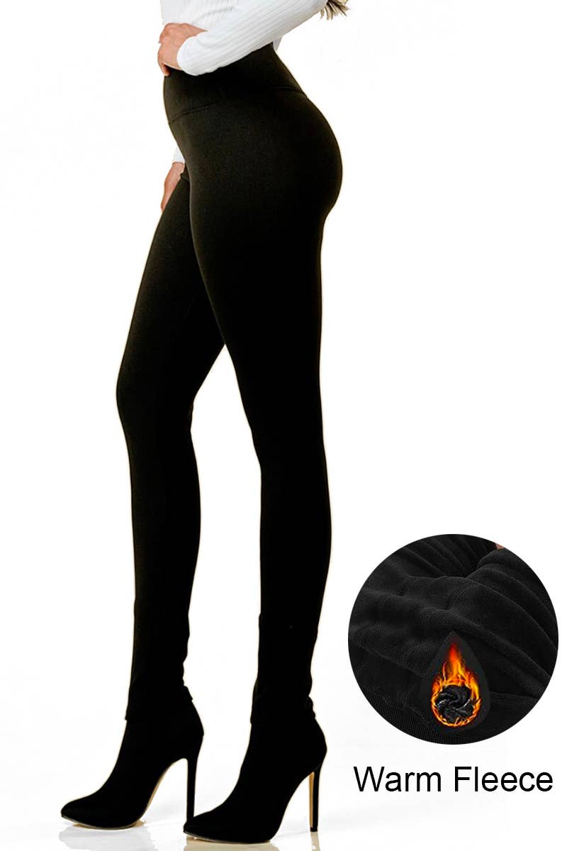 Solid color winter warm fleece lined HW thermal legging pant: Black