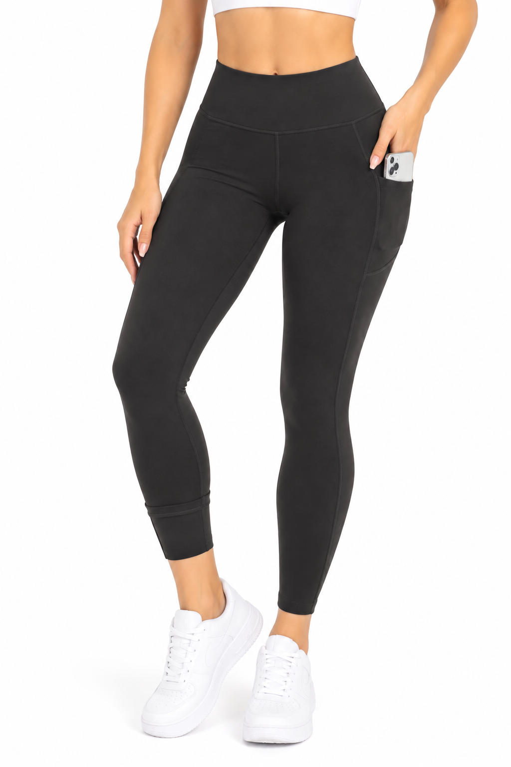 Fleece lined skinny yoga leggings with side pockets : Brown