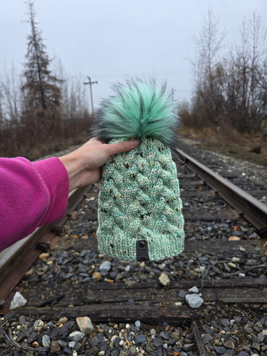 Mint Green and Blue Cable Knit Hat (Merino Wool)