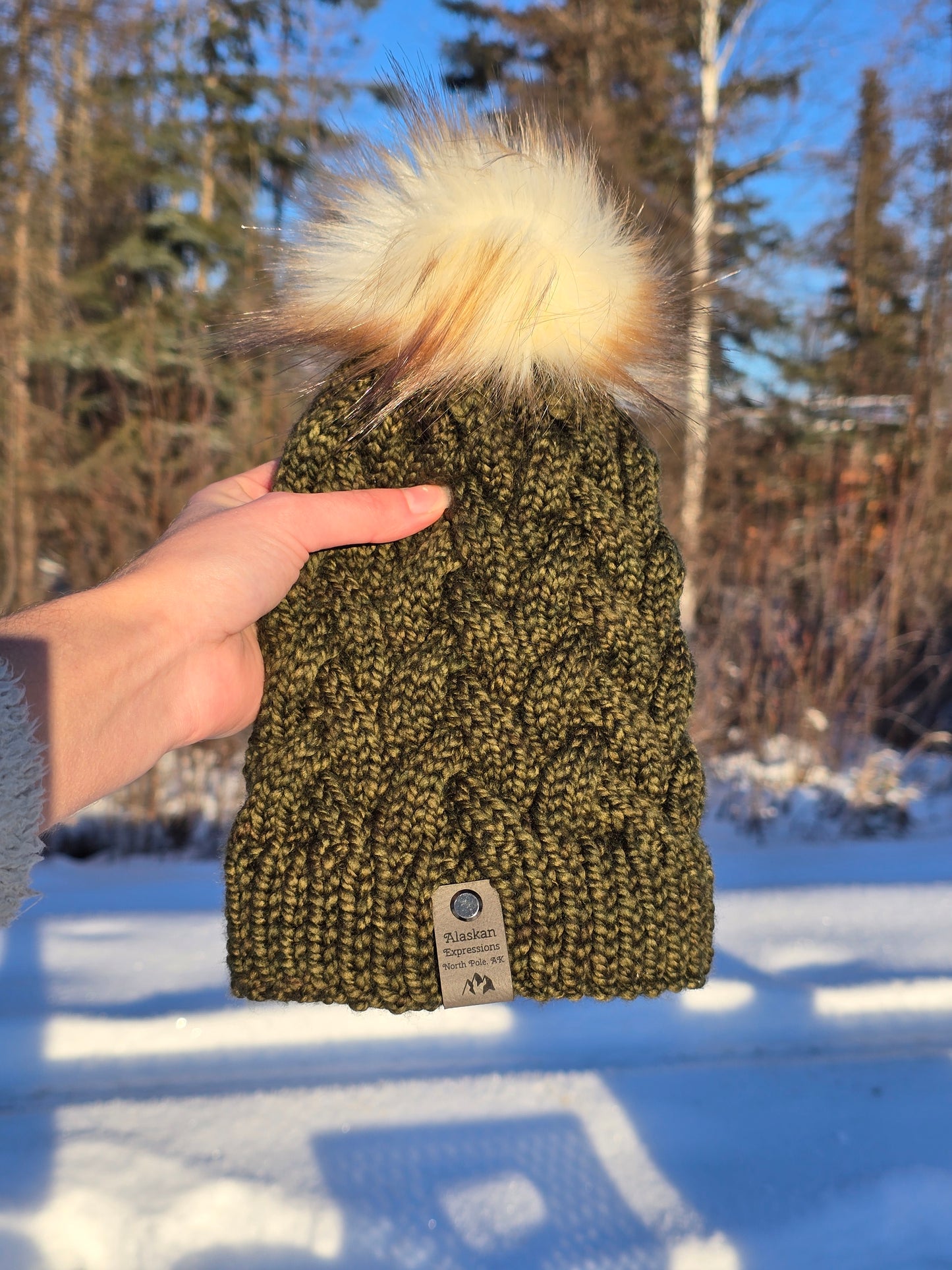 Olive Green Alaskan Cables Hat (Lightweight Merino Wool)