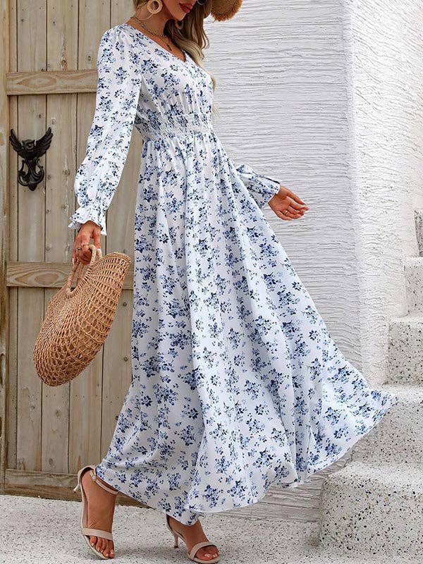 Long Sleeves Loose Elasticity Floral Printed V-Neck Maxi Dresses: LIGHT BLUE / S-XL