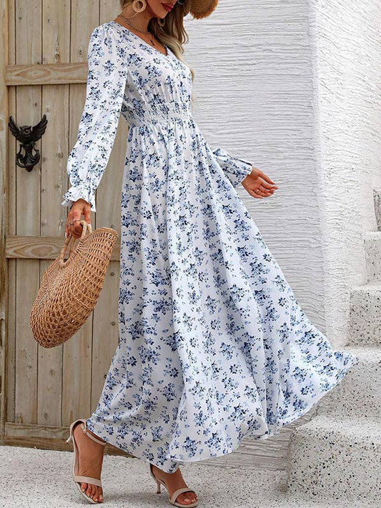 Long Sleeves Loose Elasticity Floral Printed V-Neck Maxi Dresses: LIGHT BLUE / S-XL
