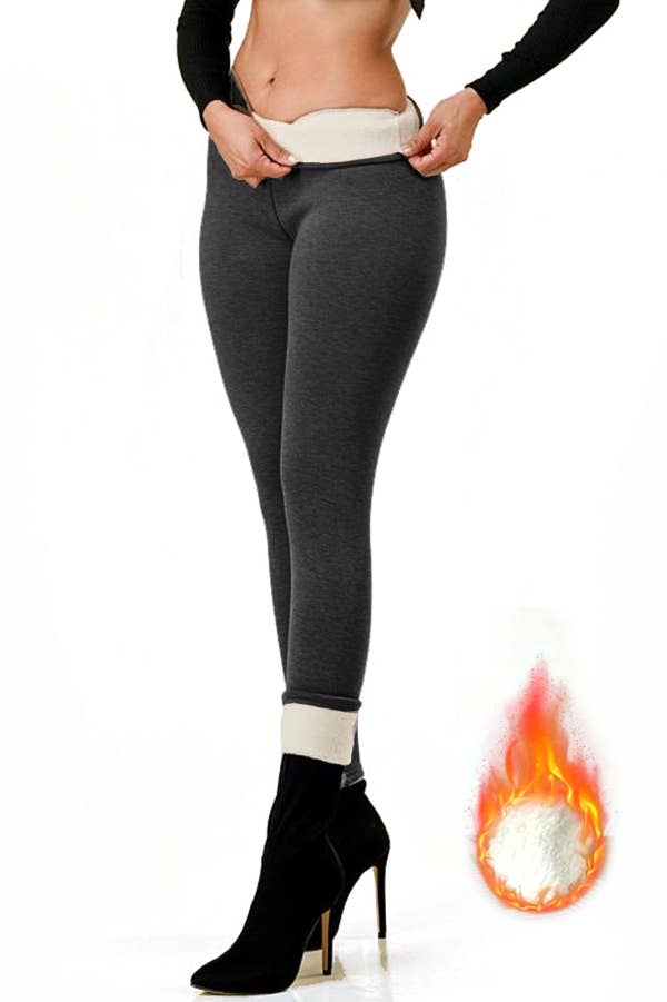 Lambskin thermal fur lined high waist winter warm leggings: Charcoal Gray