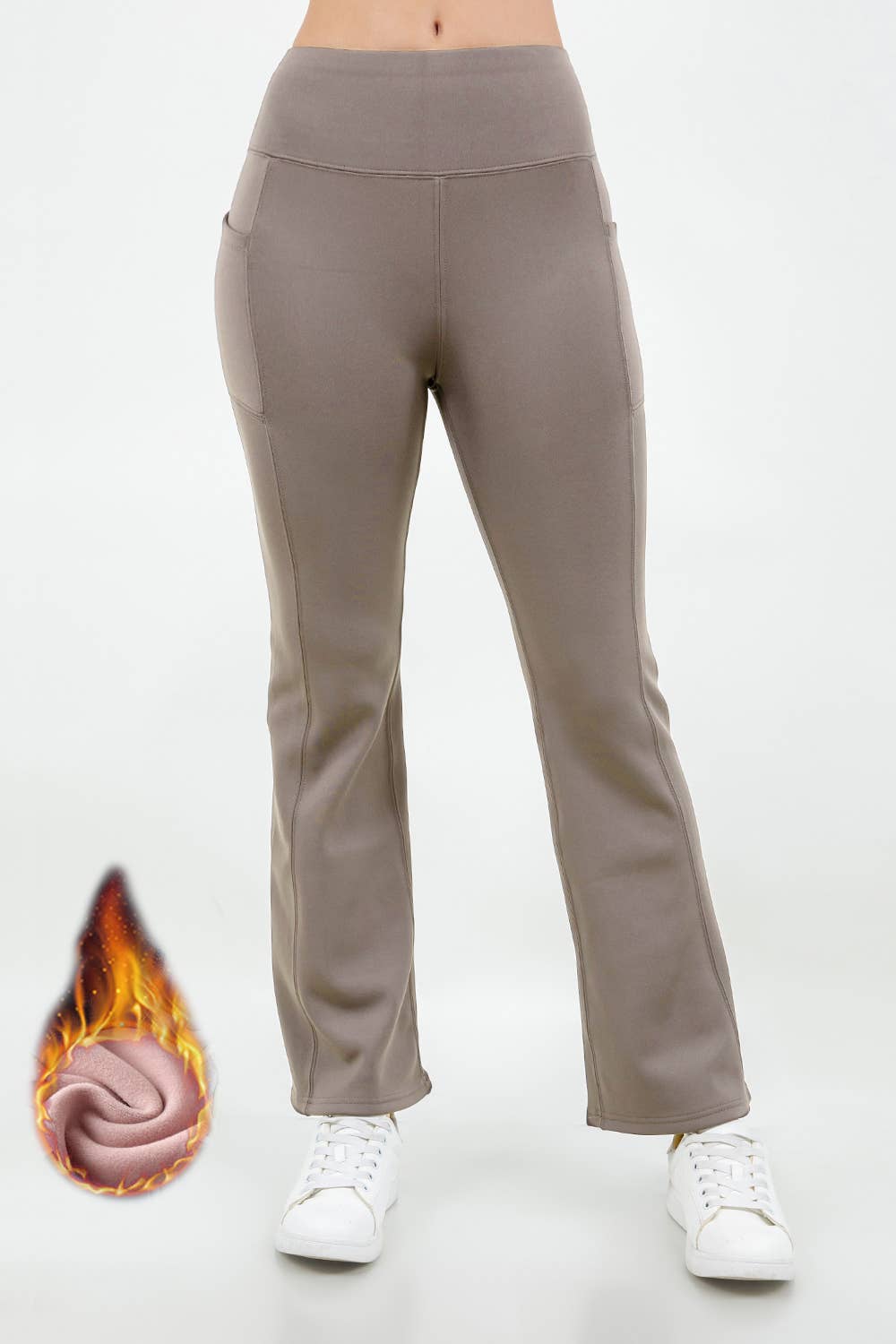Fur lined winter flared leg waist control yoga pants: Beige