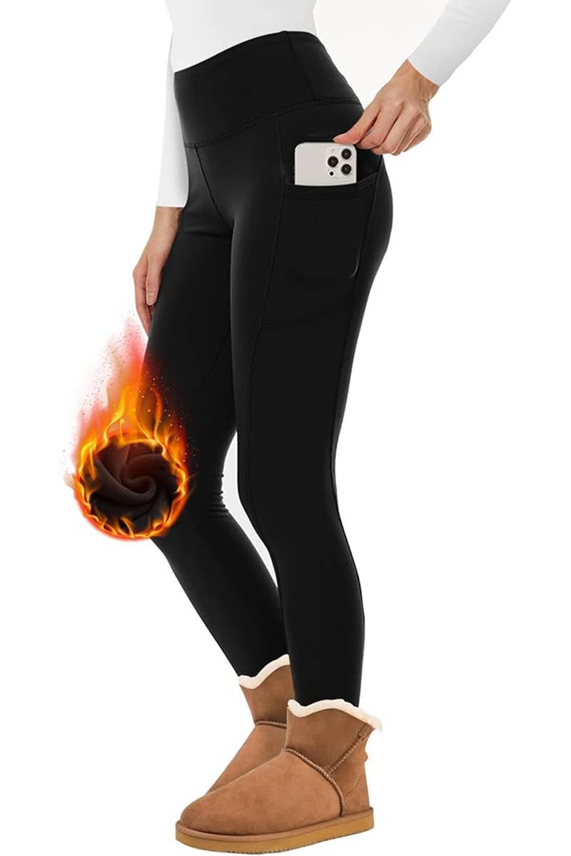 Fur lined solid winter thicker warm legging w/side pockets : Brown