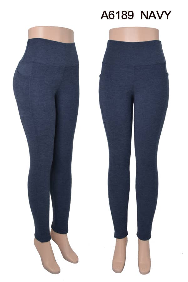 Fur lined solid winter thicker warm legging w/side pockets : Navy