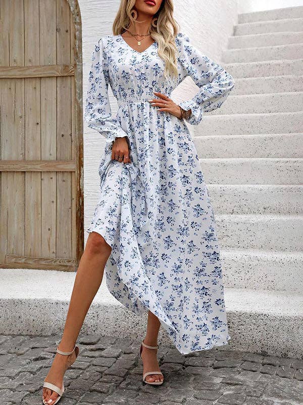 Long Sleeves Loose Elasticity Floral Printed V-Neck Maxi Dresses: LIGHT BLUE / S-XL