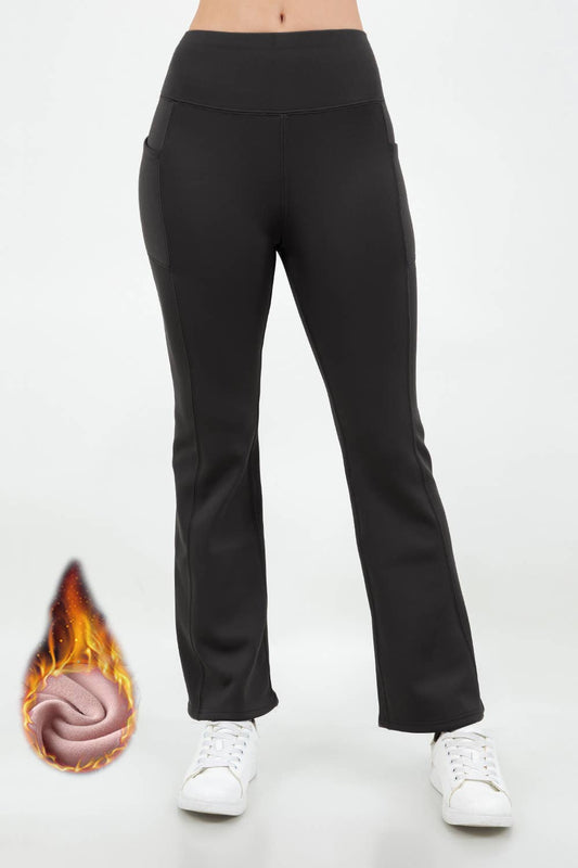 Fur lined winter flare leg waist control yoga pants: Black