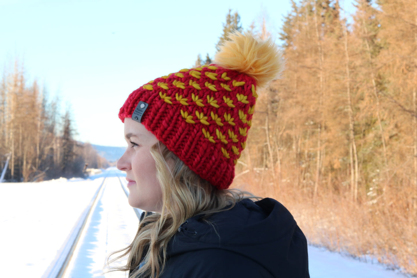 Red and Gold Lotus Knit Hat (Merino Wool)