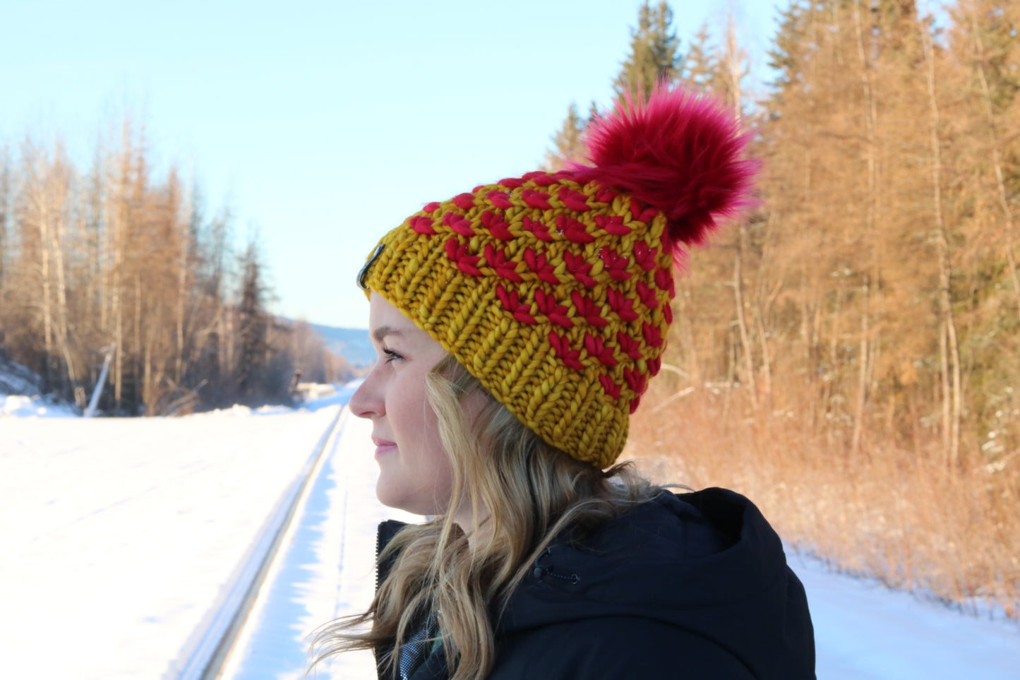 Red and Gold Lotus Knit Hat (Merino Wool)