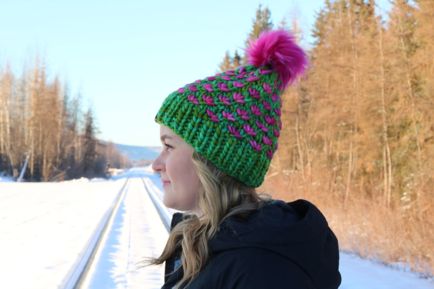 Green and Pink Lotus Hat (Merino Wool)