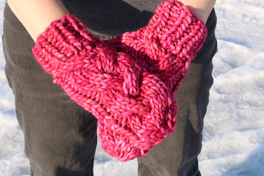 Pink Alaskan Cable Mittens (Merino Wool)
