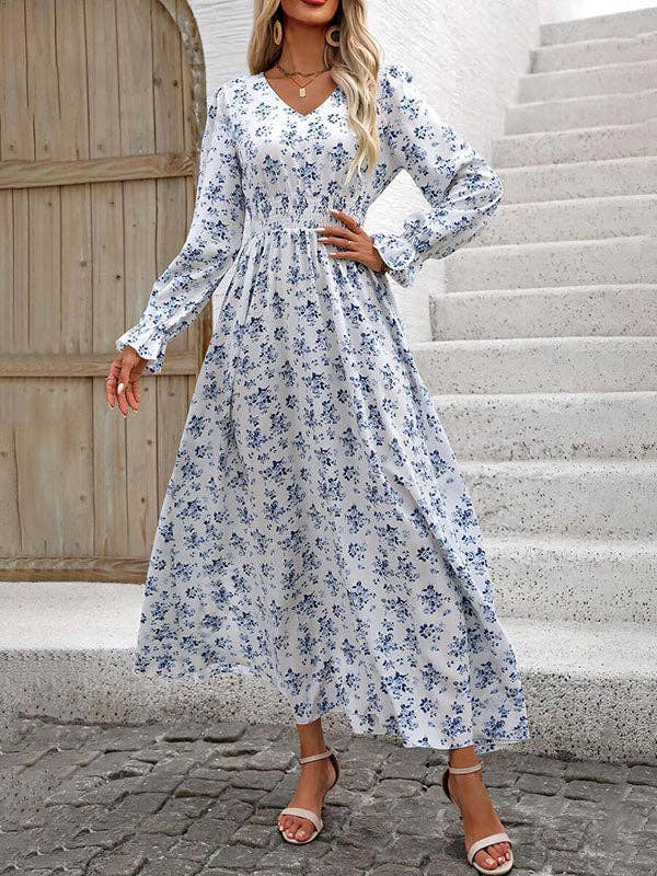 Long Sleeves Loose Elasticity Floral Printed V-Neck Maxi Dresses: LIGHT BLUE / S-XL