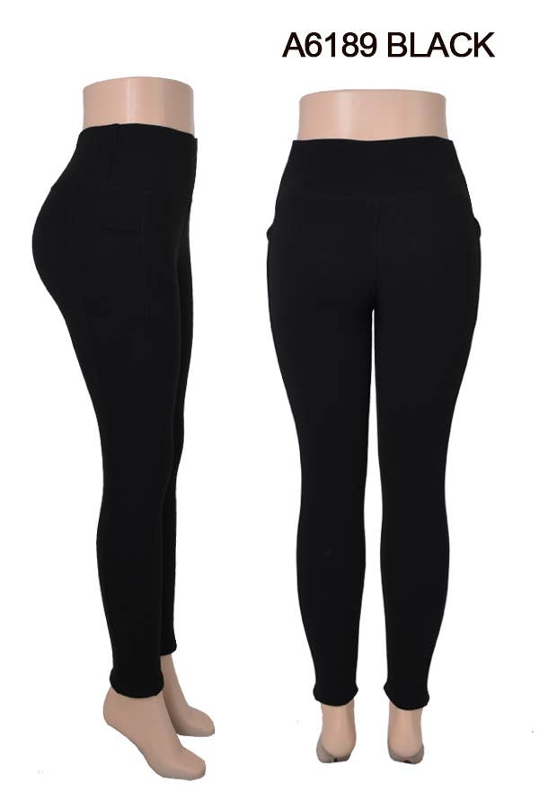 Fur lined solid winter thicker warm legging w/side pockets : Black