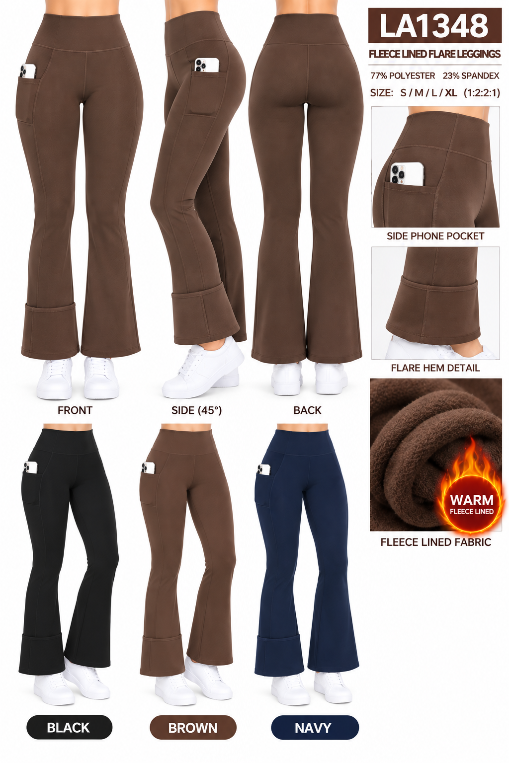 Fleece lined yoga flare leggings with side pockets : Black