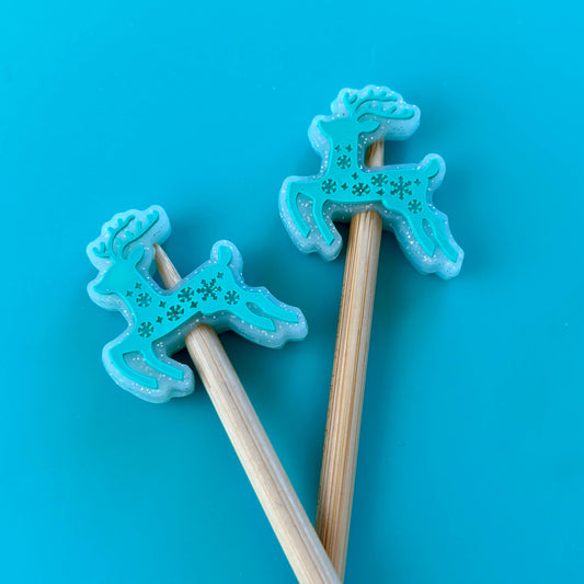 Knitting Needle Point Protectors Christmas Reindeer Glitter