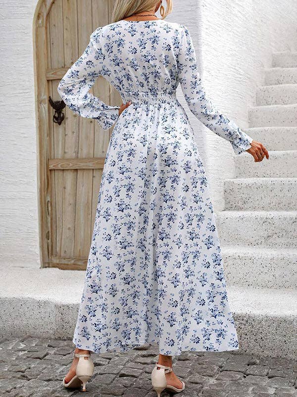 Long Sleeves Loose Elasticity Floral Printed V-Neck Maxi Dresses: LIGHT BLUE / S-XL