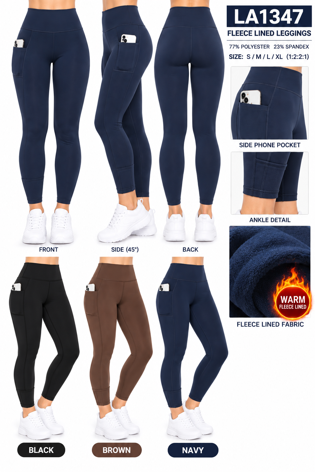 Fleece lined skinny yoga leggings with side pockets : Black