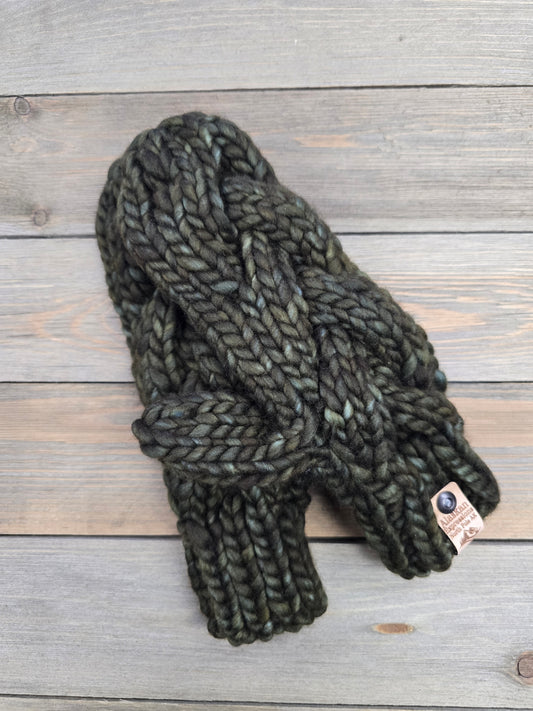 Olive Green Cable Knit Mittens (Merino Wool)
