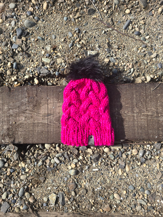 Hot Pink Alaskan Cables Hat (Merino Wool)
