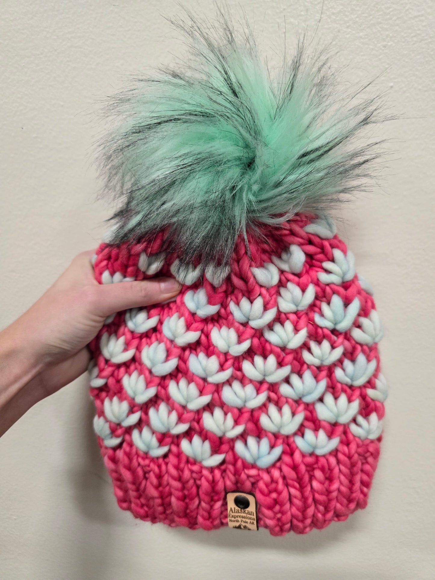 Mint Green & Pink Lotus Hat (Merino Wool)
