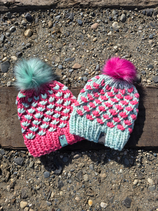 Mint Green & Pink Lotus Hat (Merino Wool)