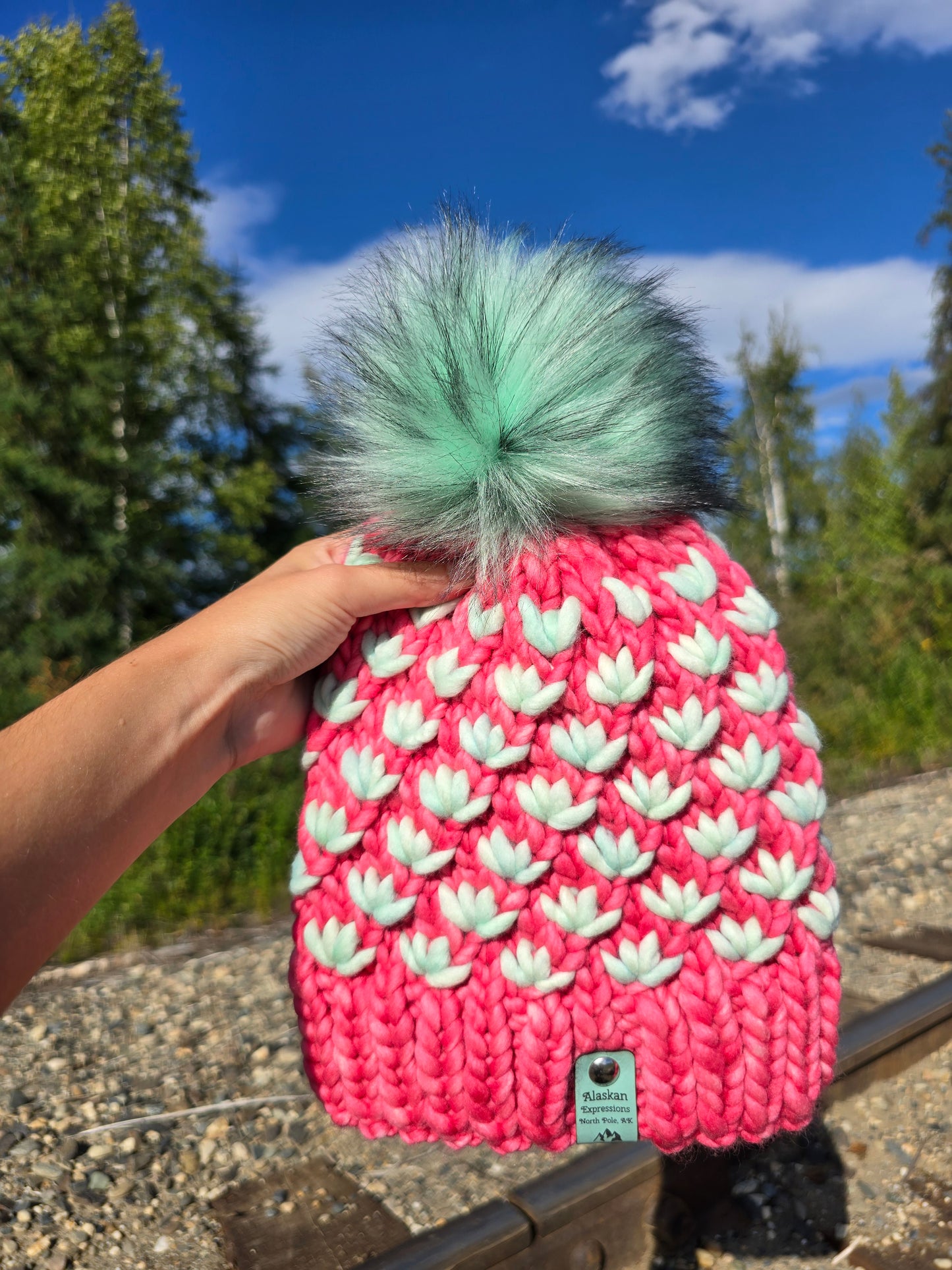 Mint Green & Pink Lotus Hat (Merino Wool)