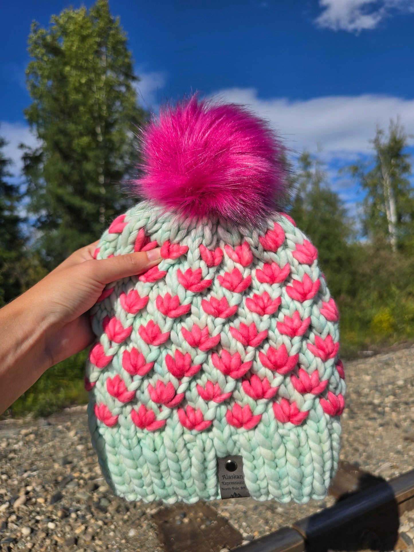 Mint Green & Pink Lotus Hat (Merino Wool)