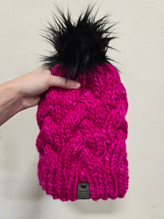 Hot Pink Alaskan Cables Hat (Merino Wool)